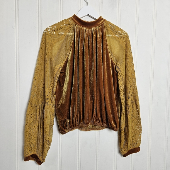 Free People Dream Team Gold Velvet Lace Top Mock Neck Balloon Sleeve S Boho - Picture 2 of 15